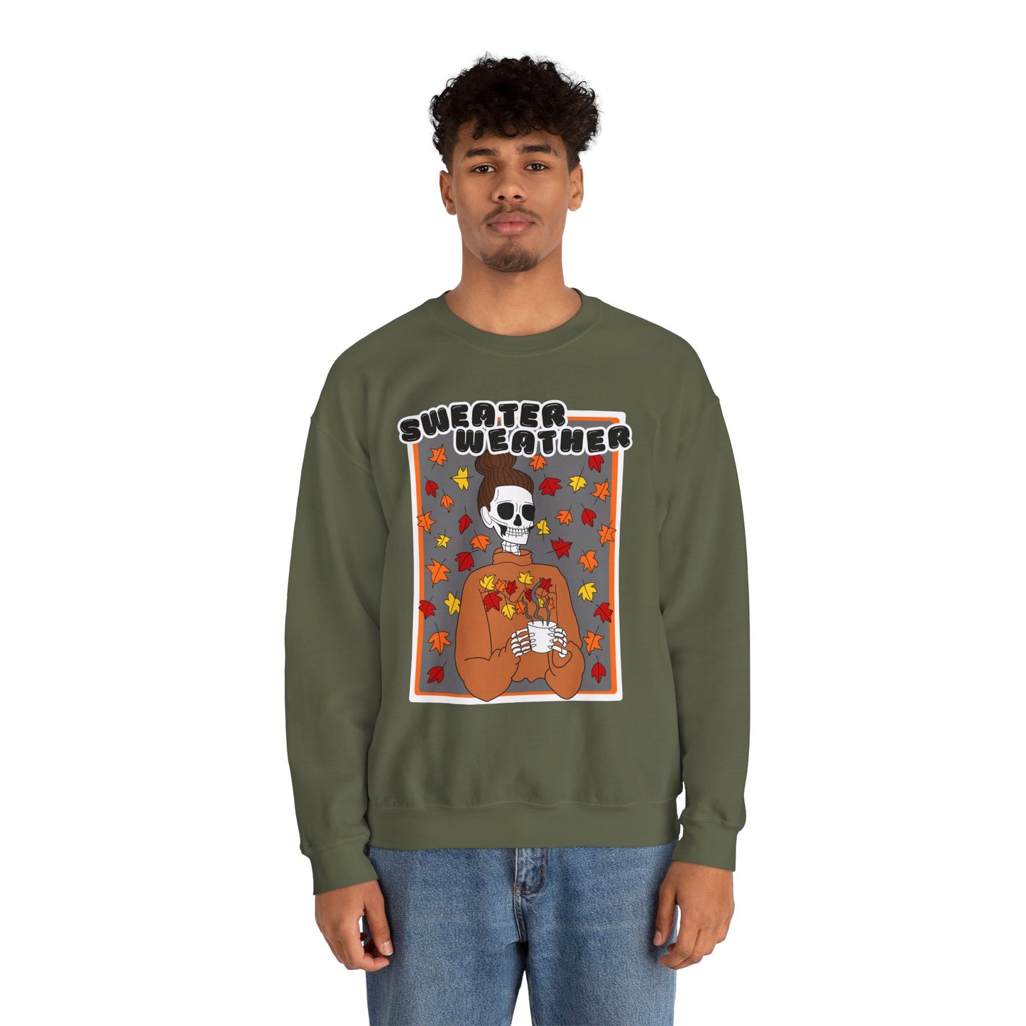 Sweater Weather Skeleton Halloween Crewneck Sweatshirt (FOREST GREEN)