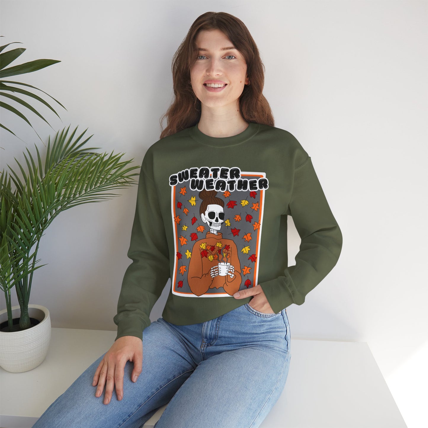 Sweater Weather Skeleton Halloween Crewneck Sweatshirt (FOREST GREEN)