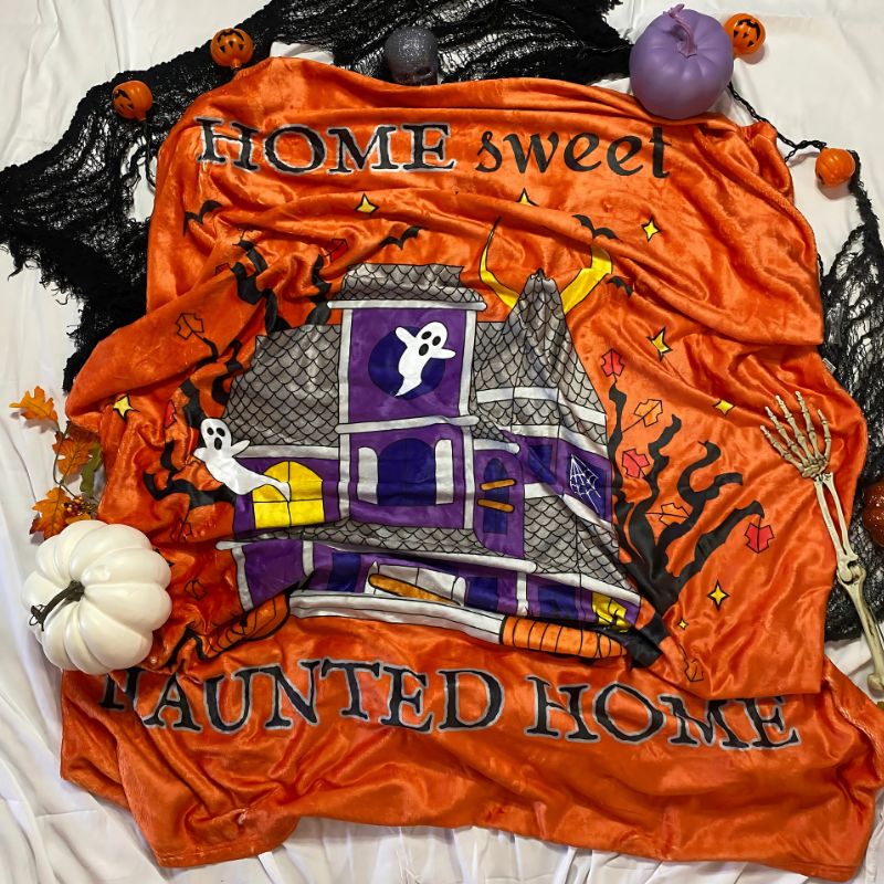 Home Sweet Haunted Home Velveteen Microfiber Halloween Blanket 50" x 60" (ORANGE)