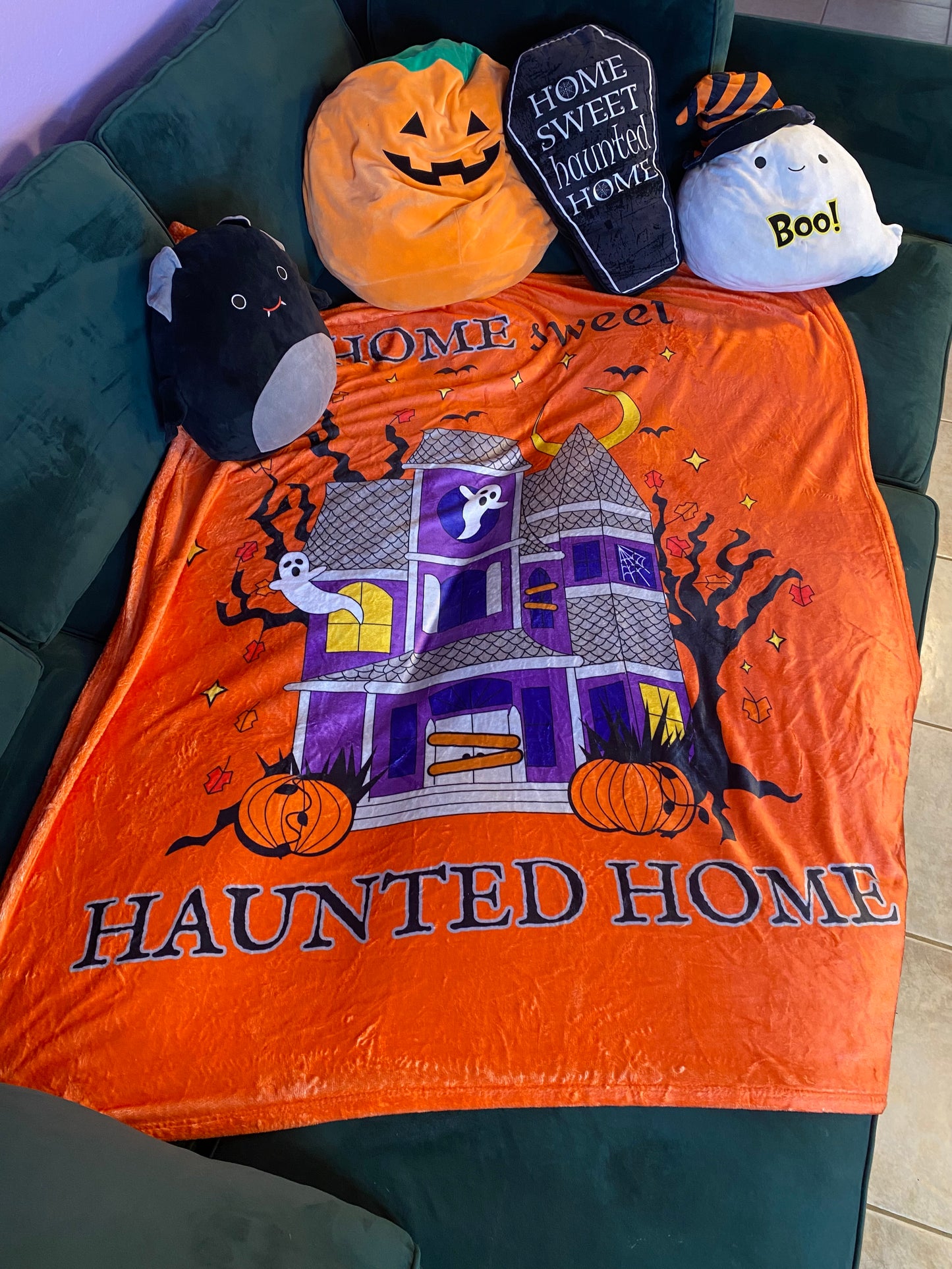 Home Sweet Haunted Home Velveteen Microfiber Halloween Blanket 50" x 60" (ORANGE)