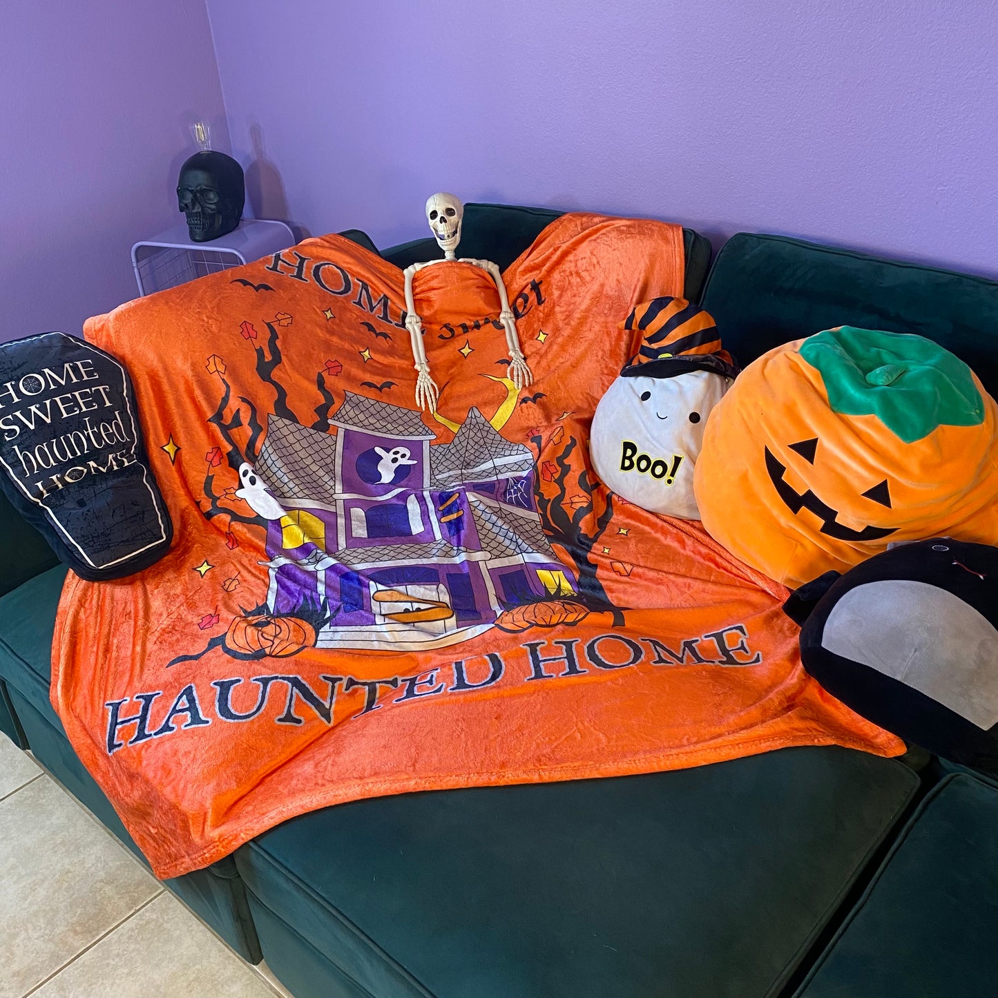 Home Sweet Haunted Home Velveteen Microfiber Halloween Blanket 50" x 60" (ORANGE)