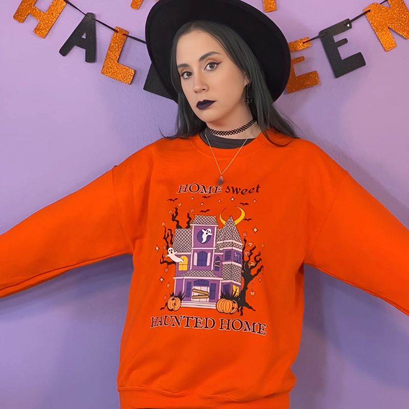 Home Sweet Haunted Home Crewneck Halloween Sweatshirt (ORANGE)