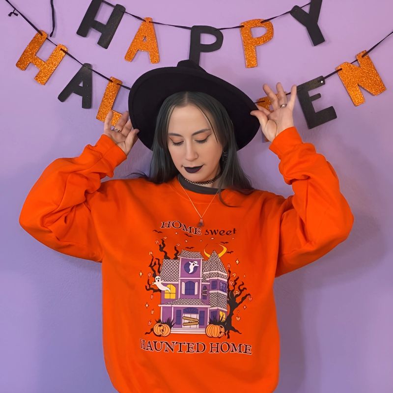 Home Sweet Haunted Home Crewneck Halloween Sweatshirt (ORANGE)