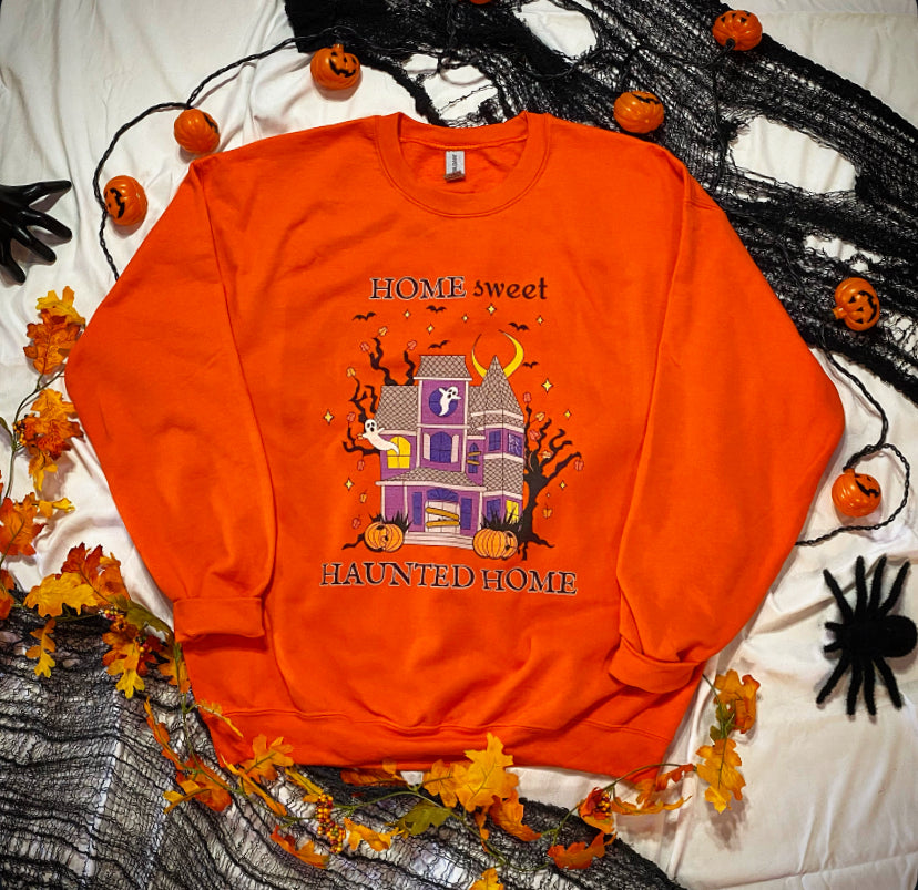 Home Sweet Haunted Home Crewneck Halloween Sweatshirt (ORANGE)