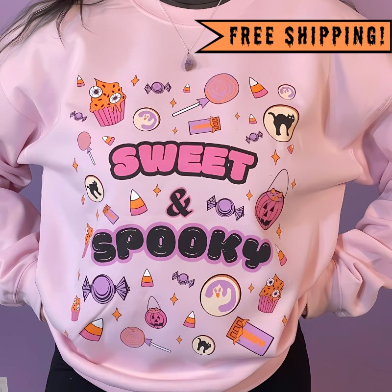 Sweet & Spooky Halloween Candy Crewneck Sweatshirt (LIGHT PINK)