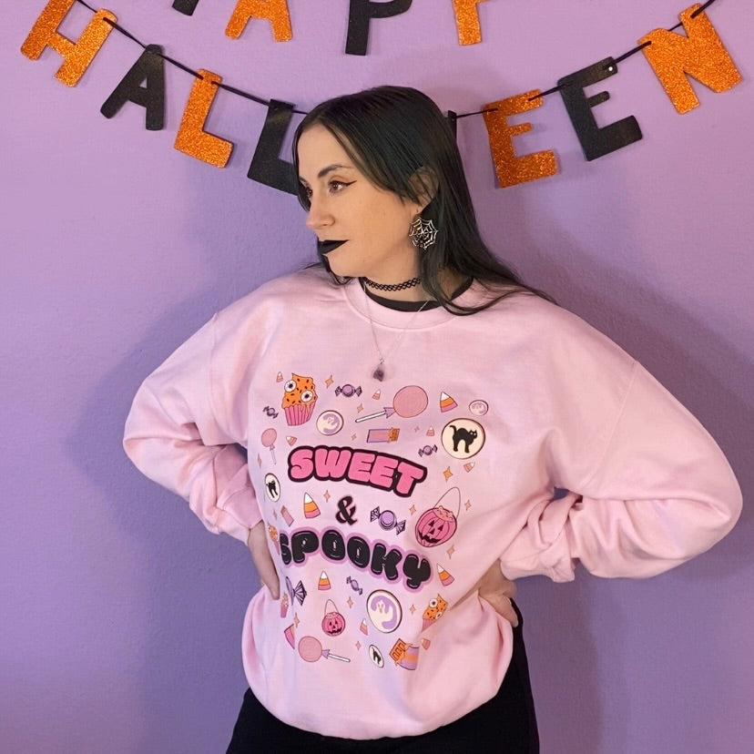 Sweet & Spooky Halloween Candy Crewneck Sweatshirt (LIGHT PINK)