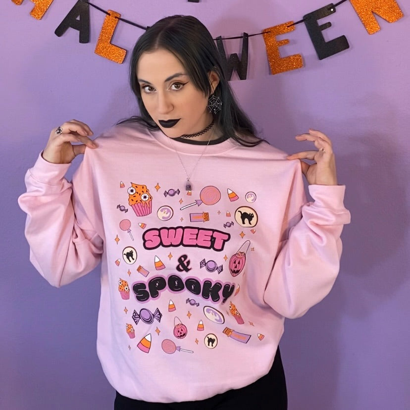 Sweet & Spooky Halloween Candy Crewneck Sweatshirt (LIGHT PINK)