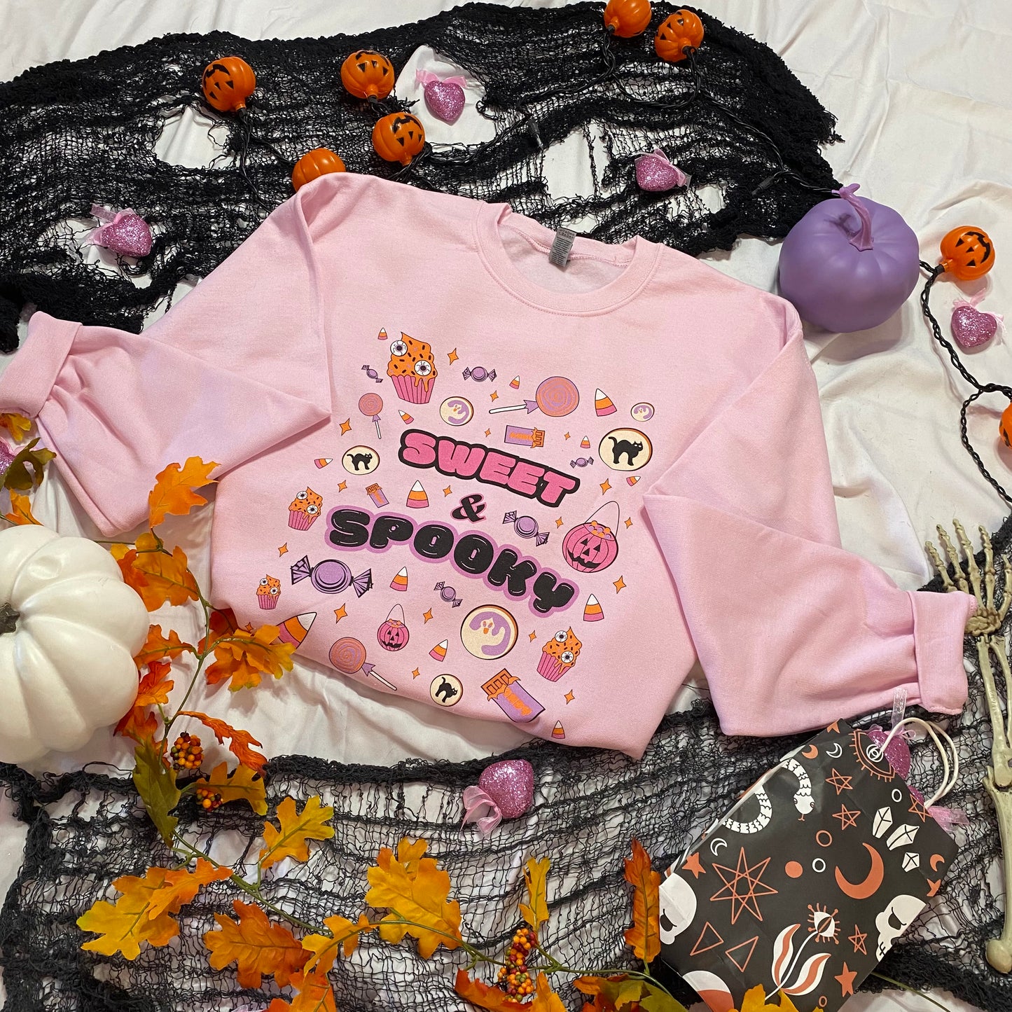 Sweet & Spooky Halloween Candy Crewneck Sweatshirt (LIGHT PINK)