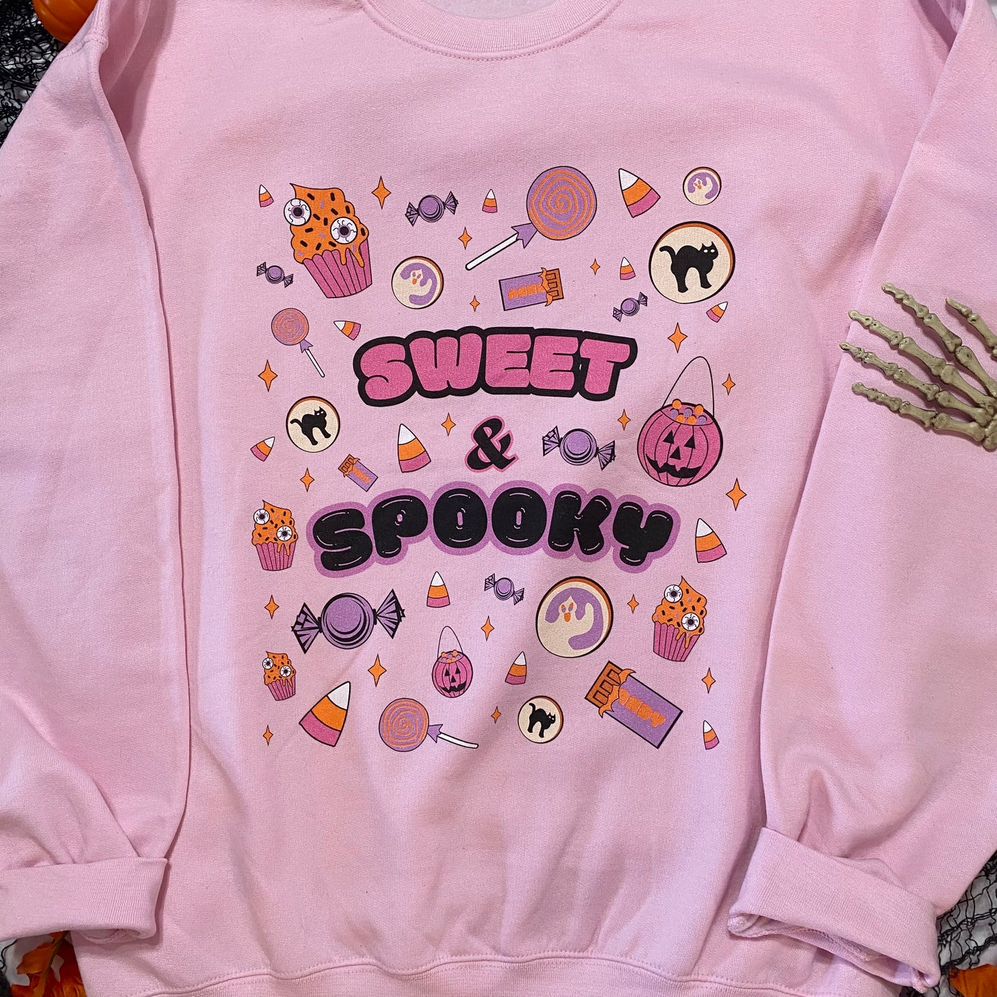 Sweet & Spooky Halloween Candy Crewneck Sweatshirt (LIGHT PINK)