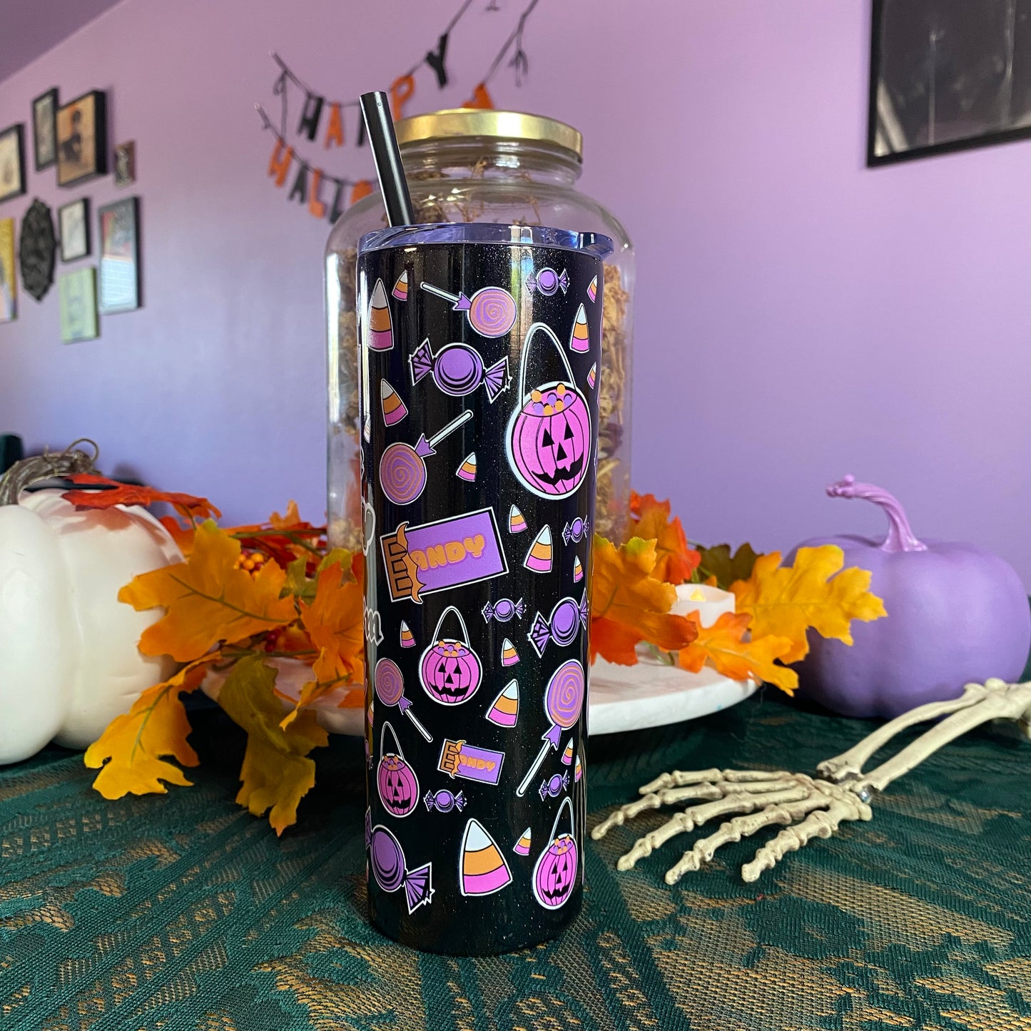 Feed Me Candy 20oz Halloween Tumbler Cup (GLITTER BLACK)