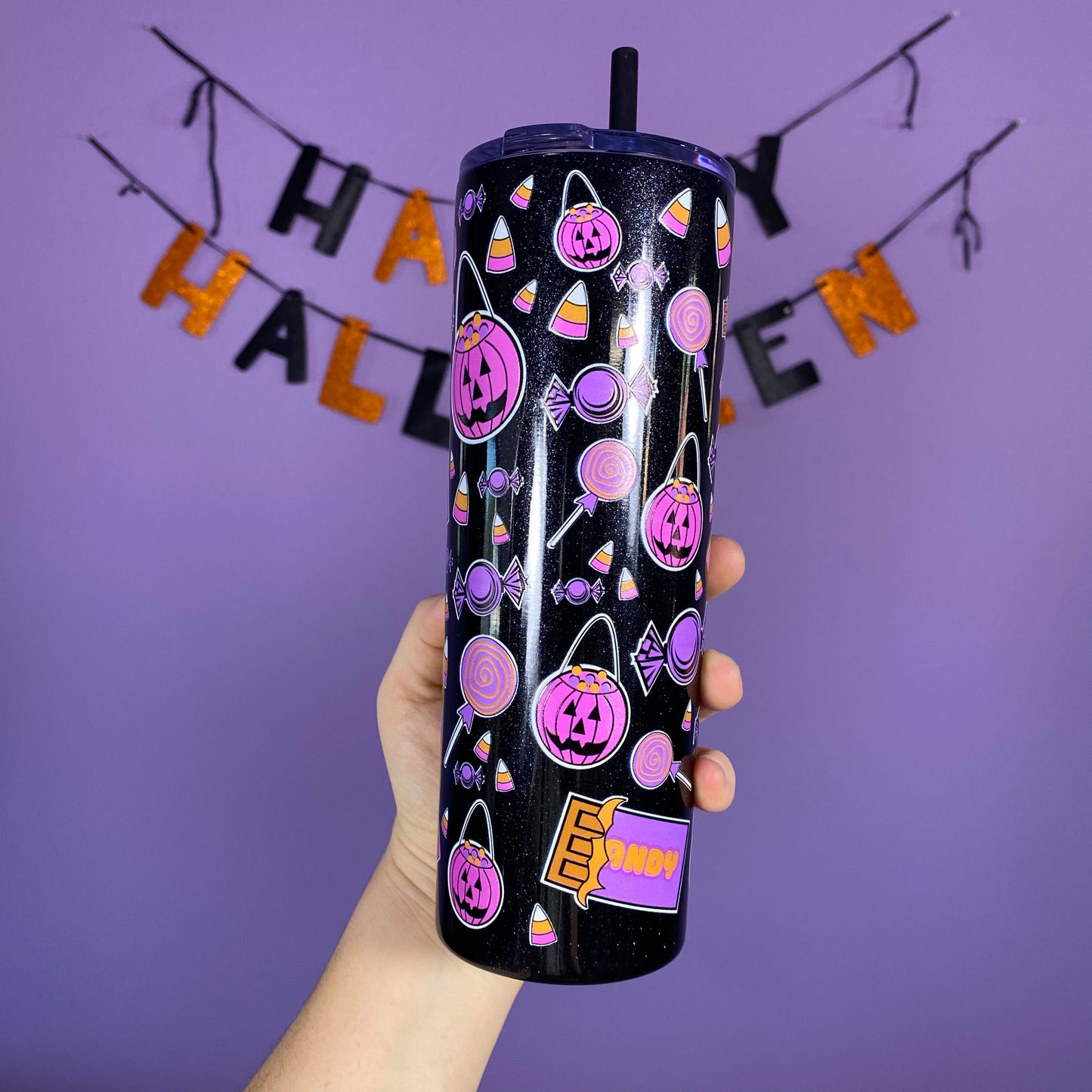 Feed Me Candy 20oz Halloween Tumbler Cup (GLITTER BLACK)