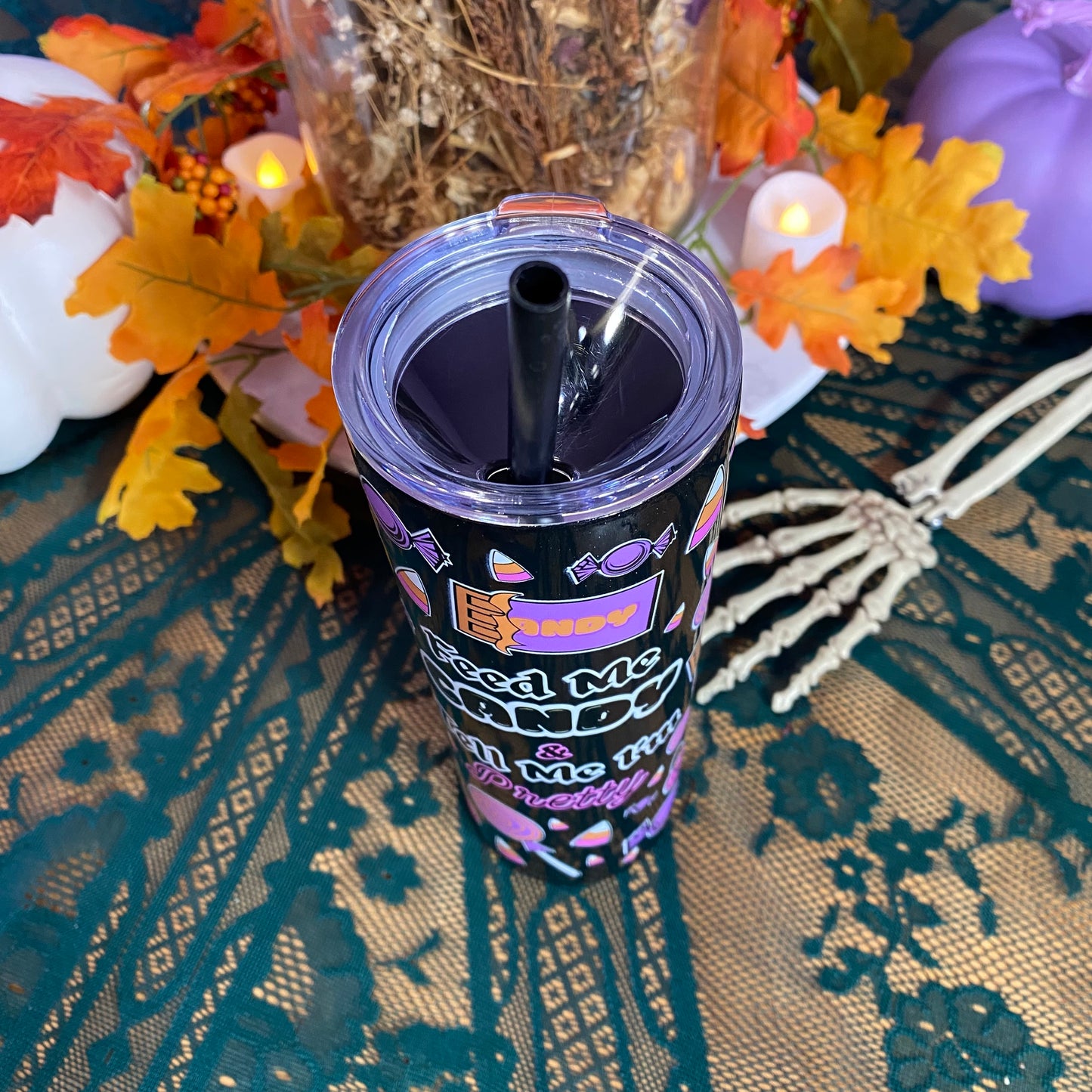 Feed Me Candy 20oz Halloween Tumbler Cup (GLITTER BLACK)