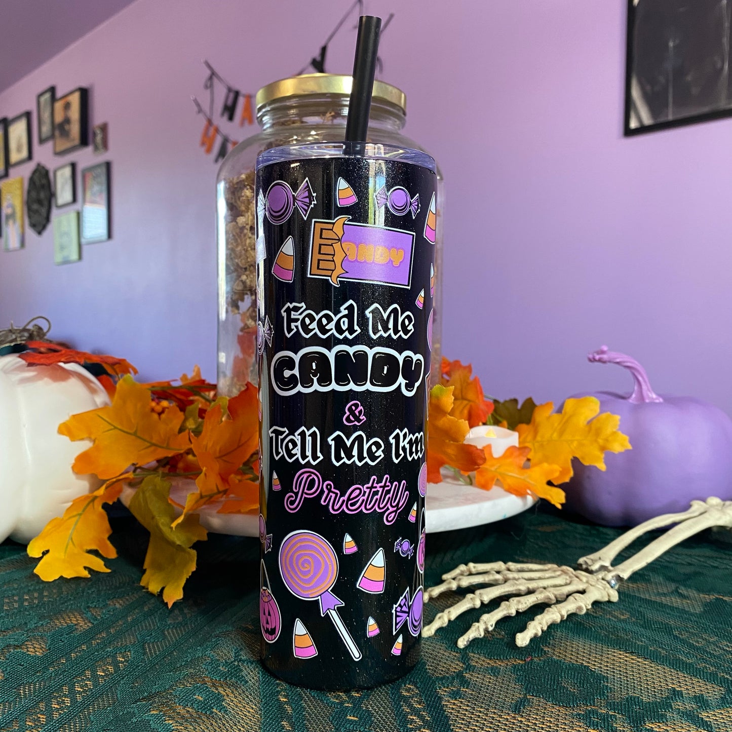 Feed Me Candy 20oz Halloween Tumbler Cup (GLITTER BLACK)