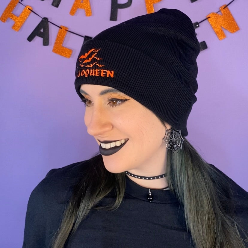 HALLOQUEEN Embroidered Knit Beanie Hat (BLACK)