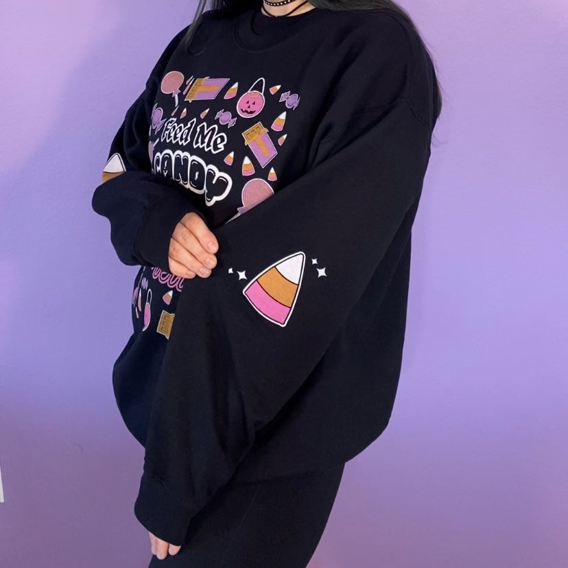 Feed Me Candy Crewneck Halloween Sweatshirt with Candy Corn Sleeves (BLACK)