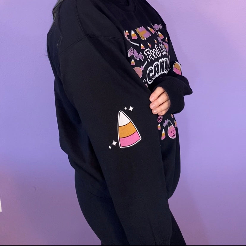 Feed Me Candy Crewneck Halloween Sweatshirt with Candy Corn Sleeves (BLACK)