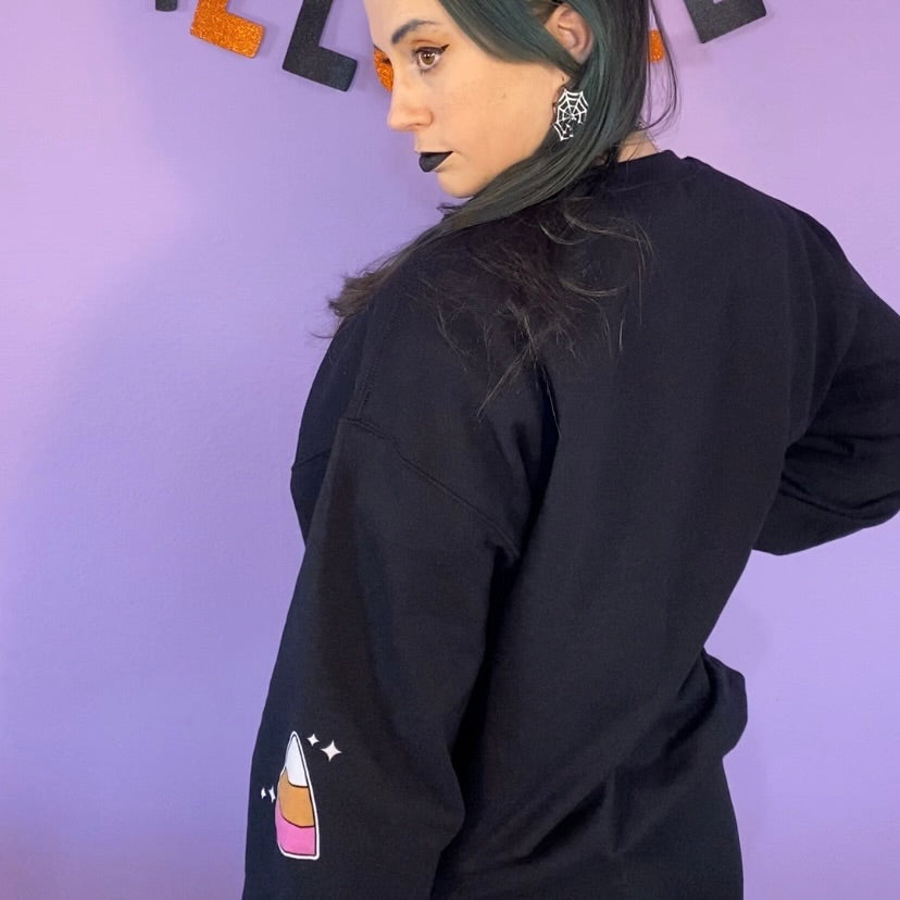 Feed Me Candy Crewneck Halloween Sweatshirt with Candy Corn Sleeves (BLACK)