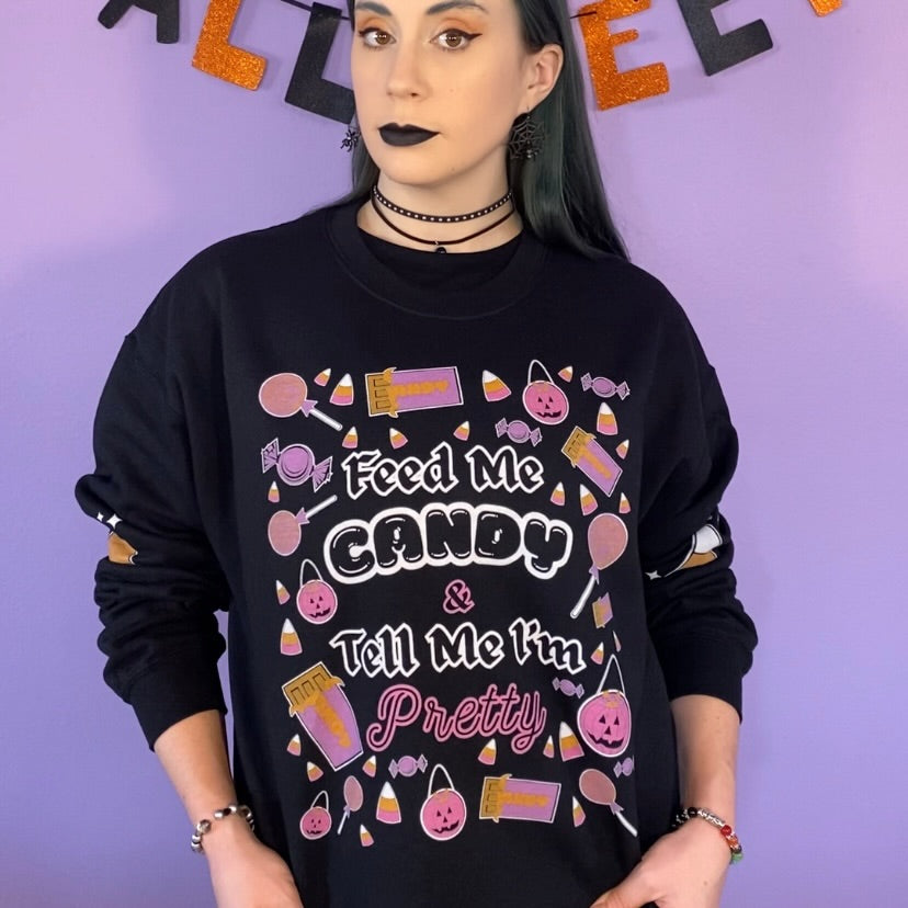 Feed Me Candy Crewneck Halloween Sweatshirt with Candy Corn Sleeves (BLACK)