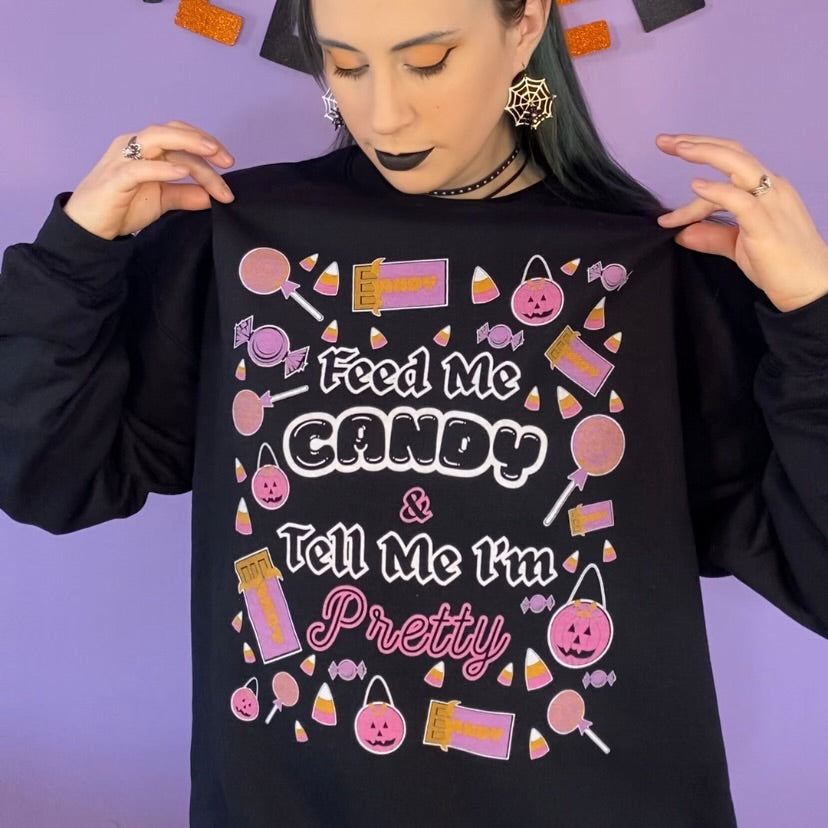 Feed Me Candy Crewneck Halloween Sweatshirt with Candy Corn Sleeves (BLACK)