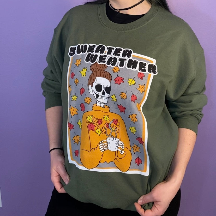Sweater Weather Skeleton Halloween Crewneck Sweatshirt (FOREST GREEN)
