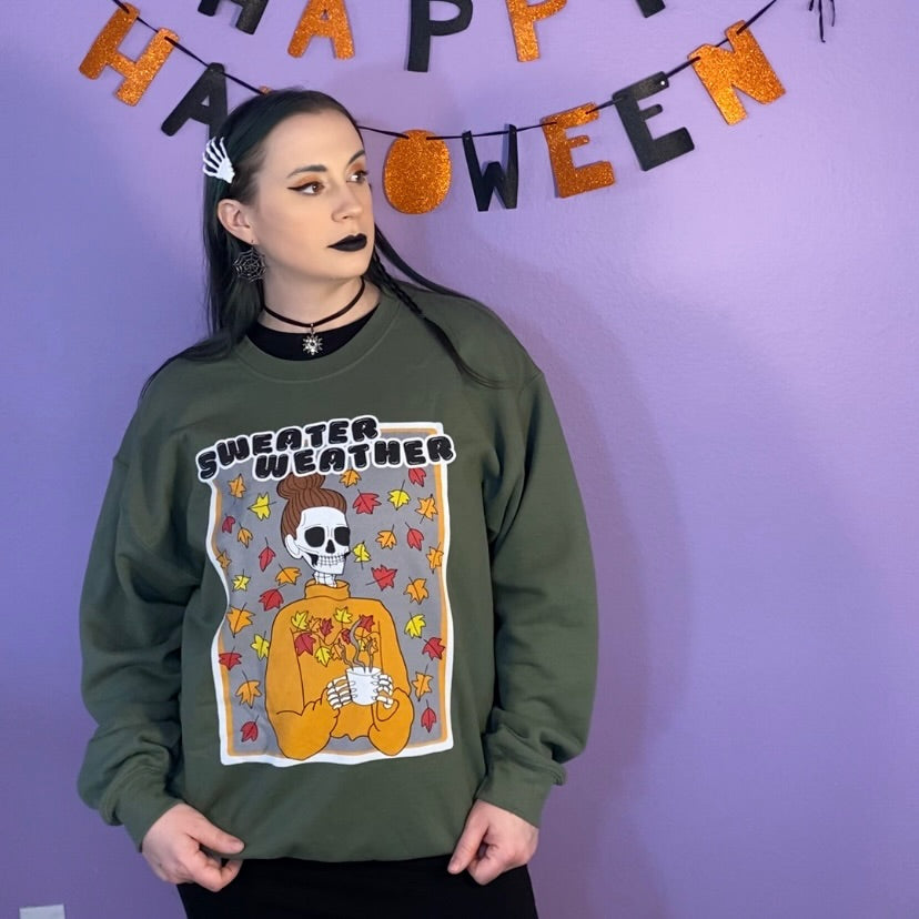 Sweater Weather Skeleton Halloween Crewneck Sweatshirt (FOREST GREEN)