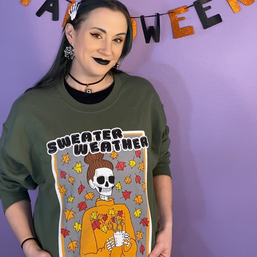 Sweater Weather Skeleton Halloween Crewneck Sweatshirt (FOREST GREEN)