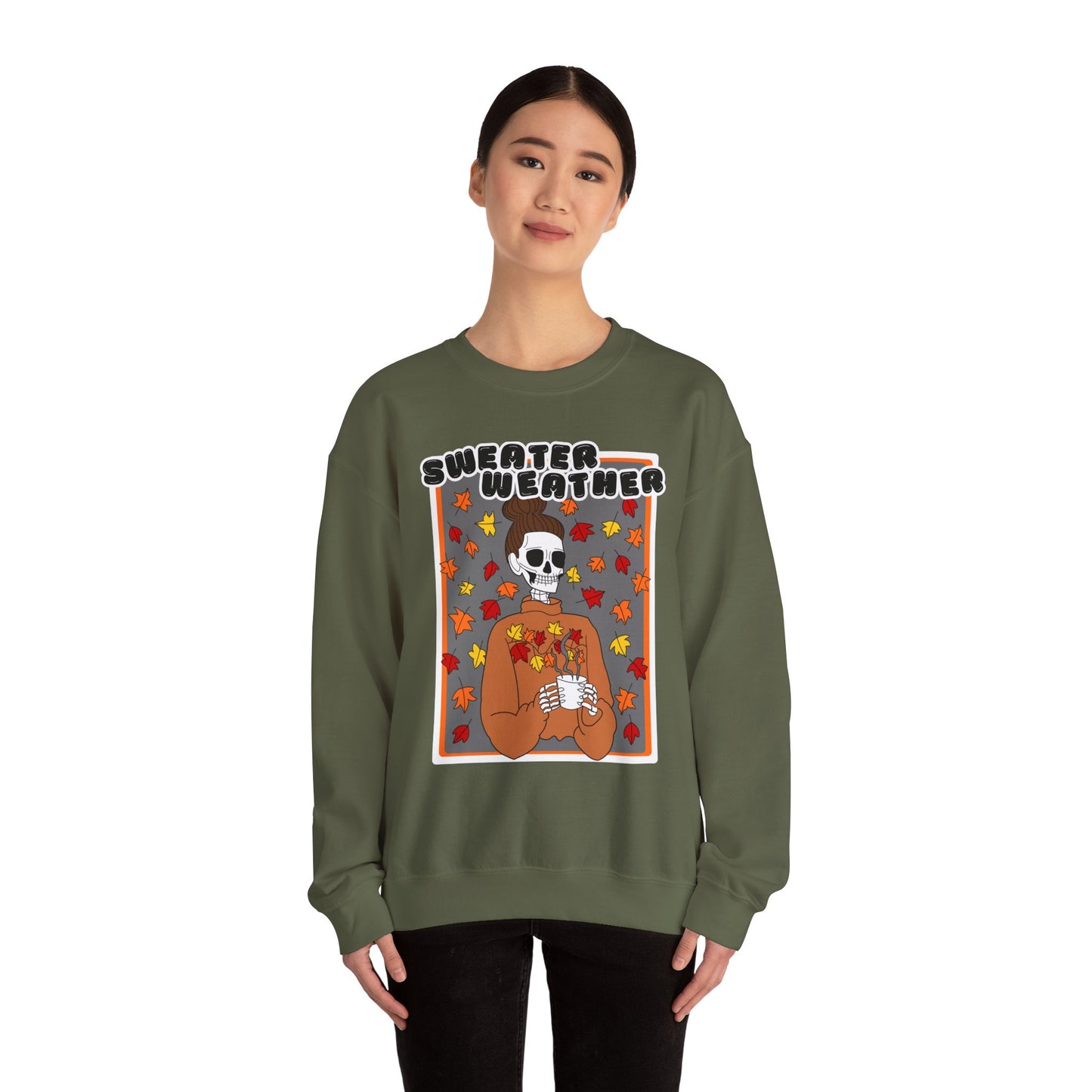 Sweater Weather Skeleton Halloween Crewneck Sweatshirt (FOREST GREEN)