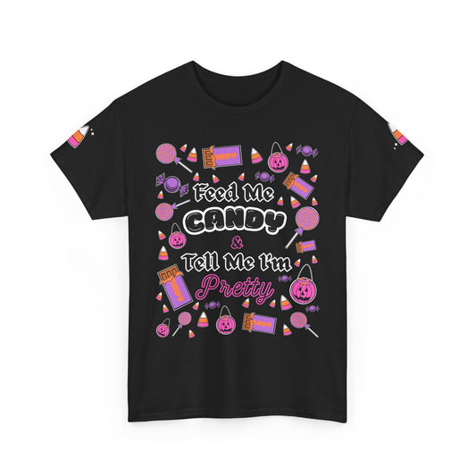 Feed Me Candy T-Shirt with Candy Corn Sleeves (BLACK)