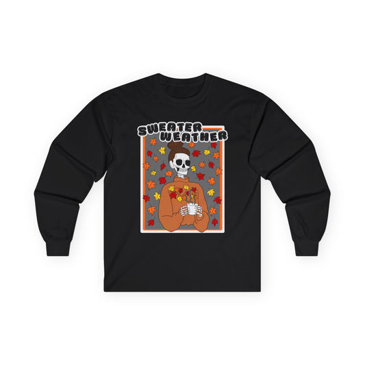 Sweater Weather Skeleton Halloween Long Sleeve T-Shirt (BLACK)