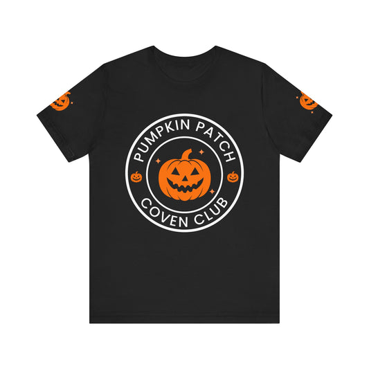 Pumpkin Patch Coven Club Halloween T-Shirt with Smiling Pumpkin Sleeves (BLACK)