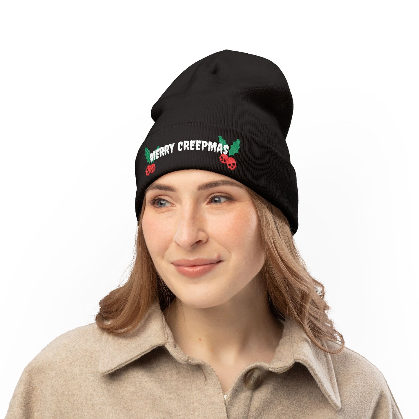 Merry Creepmas Embroidered Knit Beanie Hat (BLACK)
