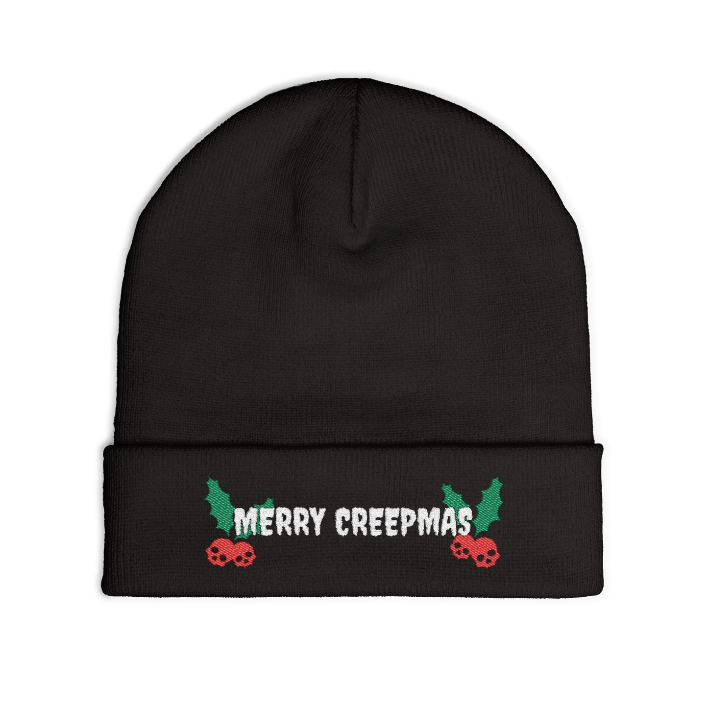 Merry Creepmas Embroidered Knit Beanie Hat (BLACK)