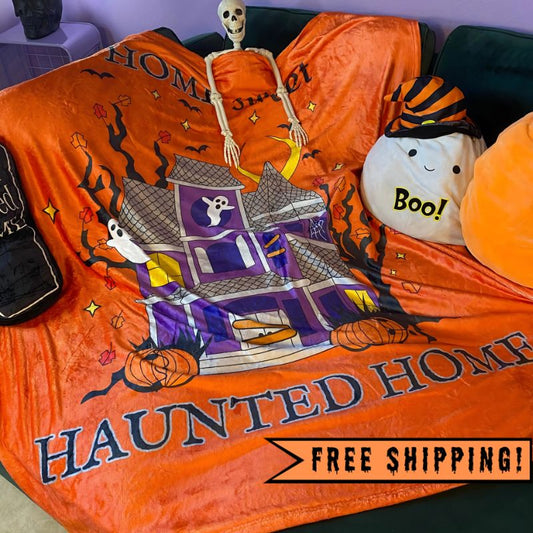 Home Sweet Haunted Home Velveteen Microfiber Halloween Blanket 50" x 60" (ORANGE)