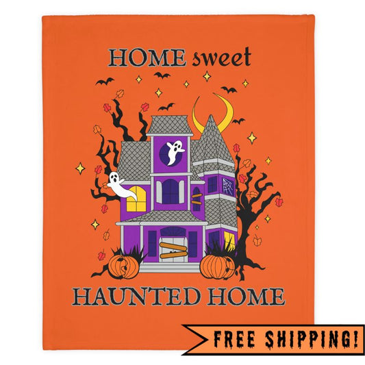 Home Sweet Haunted Home Velveteen Microfiber Halloween Blanket 50" x 60" (ORANGE)