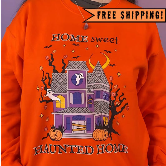 Home Sweet Haunted Home Crewneck Halloween Sweatshirt (ORANGE)