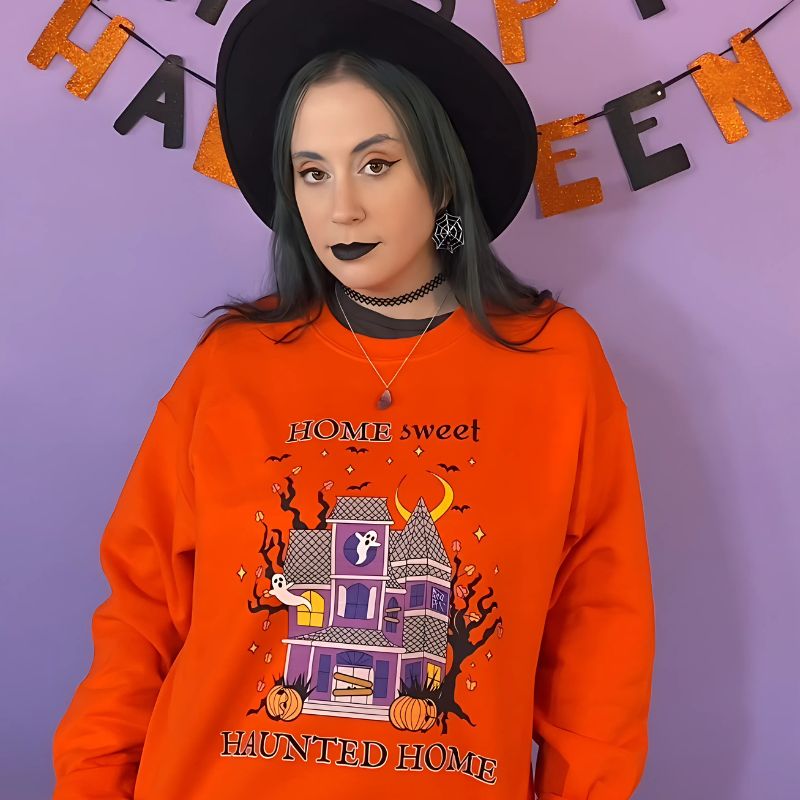 Home Sweet Haunted Home Crewneck Halloween Sweatshirt (ORANGE)