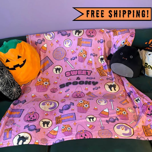Sweet & Spooky Velveteen Microfiber Halloween Blanket 60" x 50" (PINK)