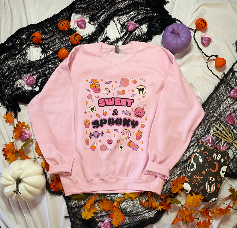 Sweet & Spooky Halloween Candy Crewneck Sweatshirt (LIGHT PINK)