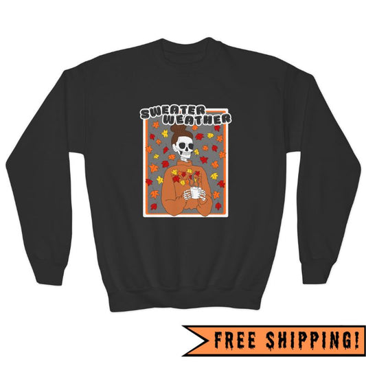 Sweater Weather Skeleton Youth Crewneck Halloween Sweatshirt (BLACK)