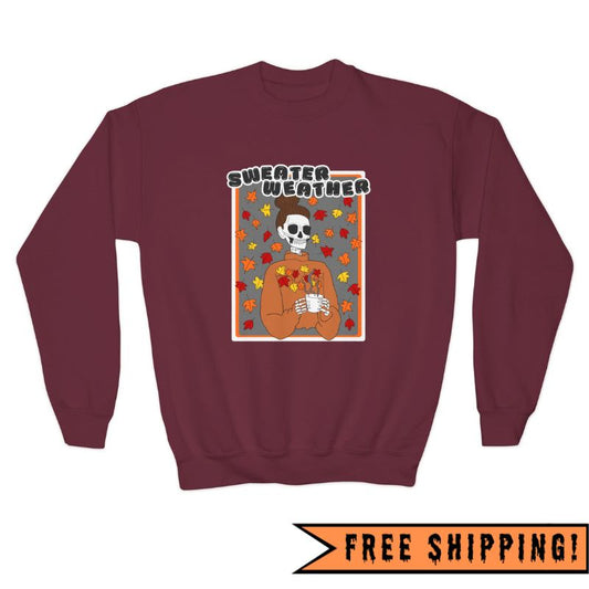 Sweater Weather Skeleton Youth Crewneck Halloween Sweatshirt (MAROON)
