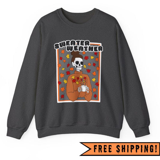 Sweater Weather Skeleton Halloween Crewneck Sweatshirt (HEATHER GRAY)