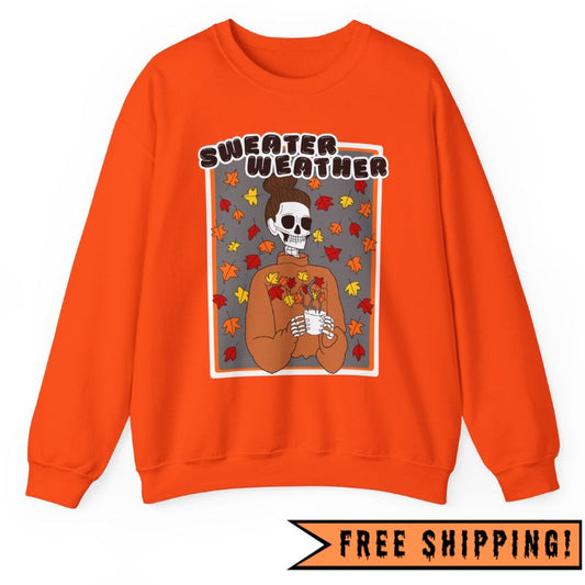 Sweater Weather Skeleton Halloween Crewneck Sweatshirt (ORANGE)