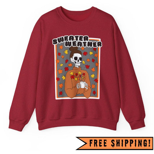 Sweater Weather Skeleton Halloween Crewneck Sweatshirt (RED)