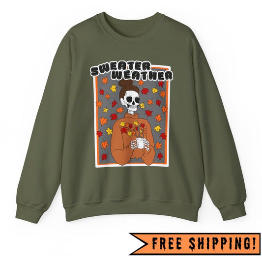 Sweater Weather Skeleton Halloween Crewneck Sweatshirt (FOREST GREEN)