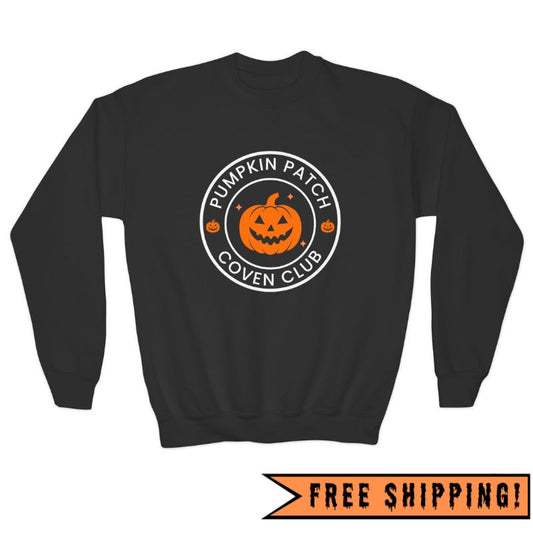 Pumpkin Patch Coven Club Youth Crewneck Halloween Sweatshirt (BLACK)