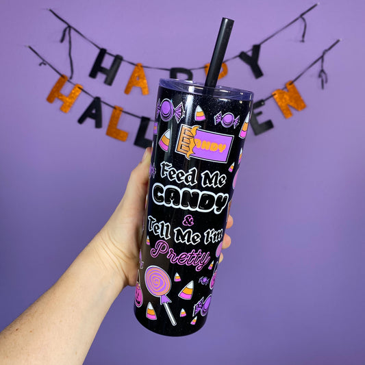 Feed Me Candy 20oz  Halloween Tumbler Cup (GLITTER BLACK)
