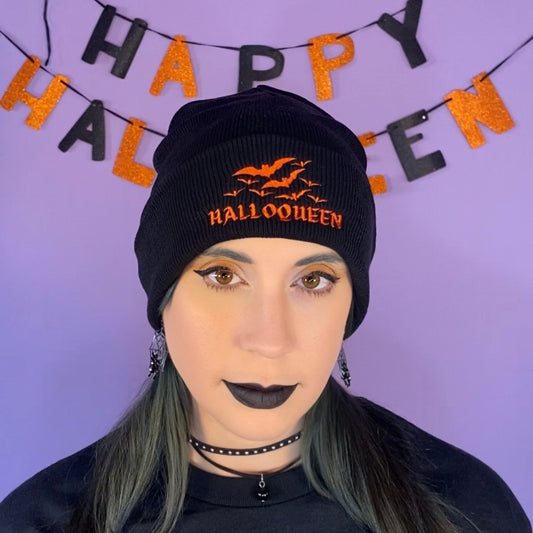 HALLOQUEEN Embroidered Knit Beanie Hat (BLACK)