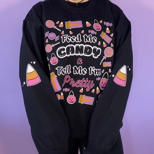 Feed Me Candy Crewneck Halloween Sweatshirt with Candy Corn Sleeves (BLACK)