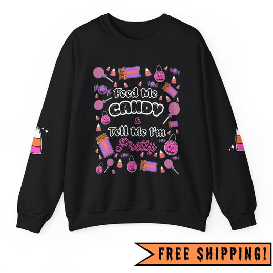 Feed Me Candy Crewneck Halloween Sweatshirt with Candy Corn Sleeves (BLACK)
