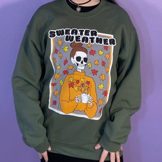 Sweater Weather Skeleton Halloween Crewneck Sweatshirt (FOREST GREEN)